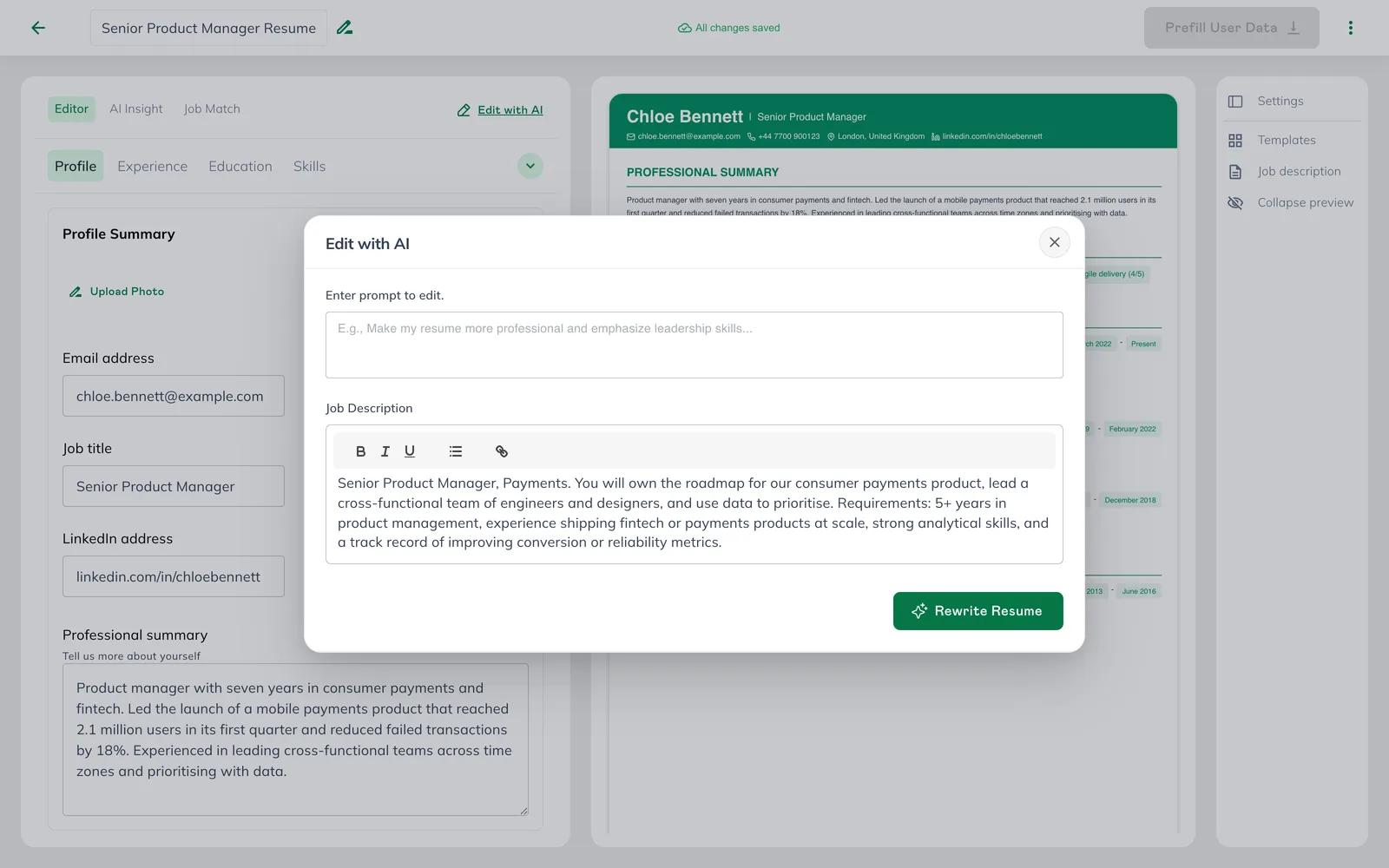 Edit with AI dialog with a prompt field and the target job description