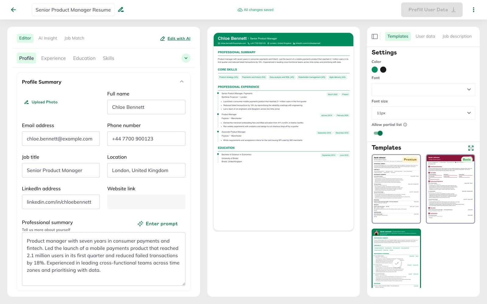 Resume editor with live preview and template panel