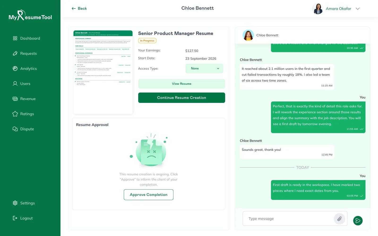 Request page with resume preview, approval status and client chat