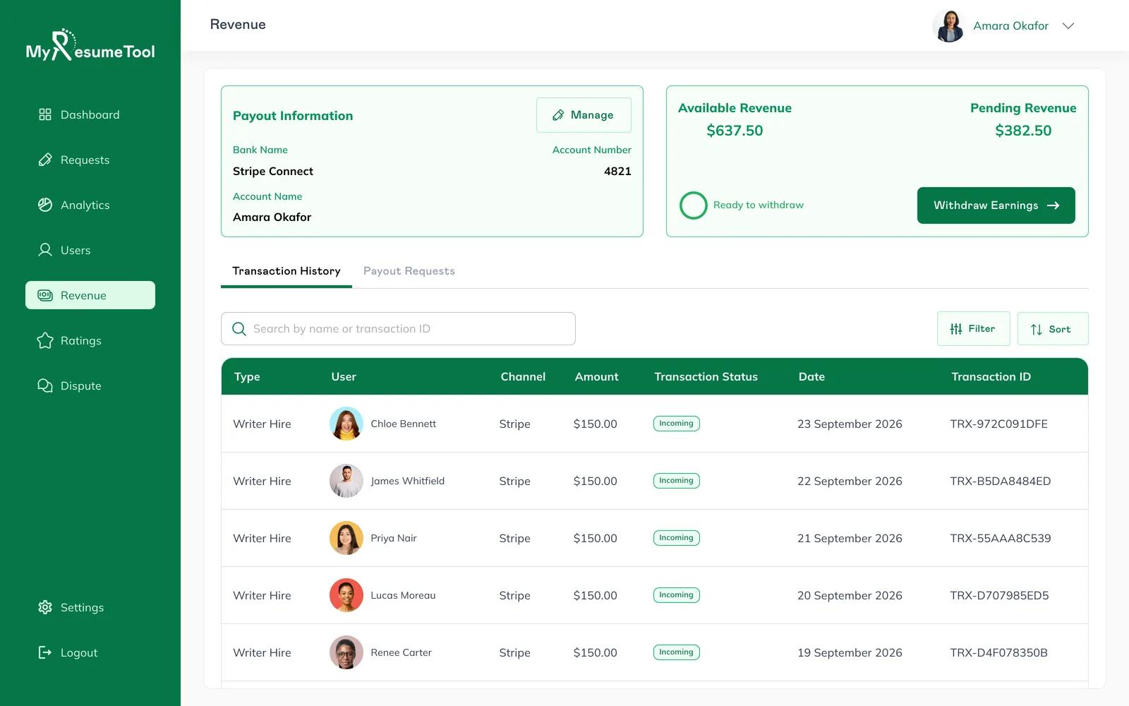 Revenue page with payout information and transaction history