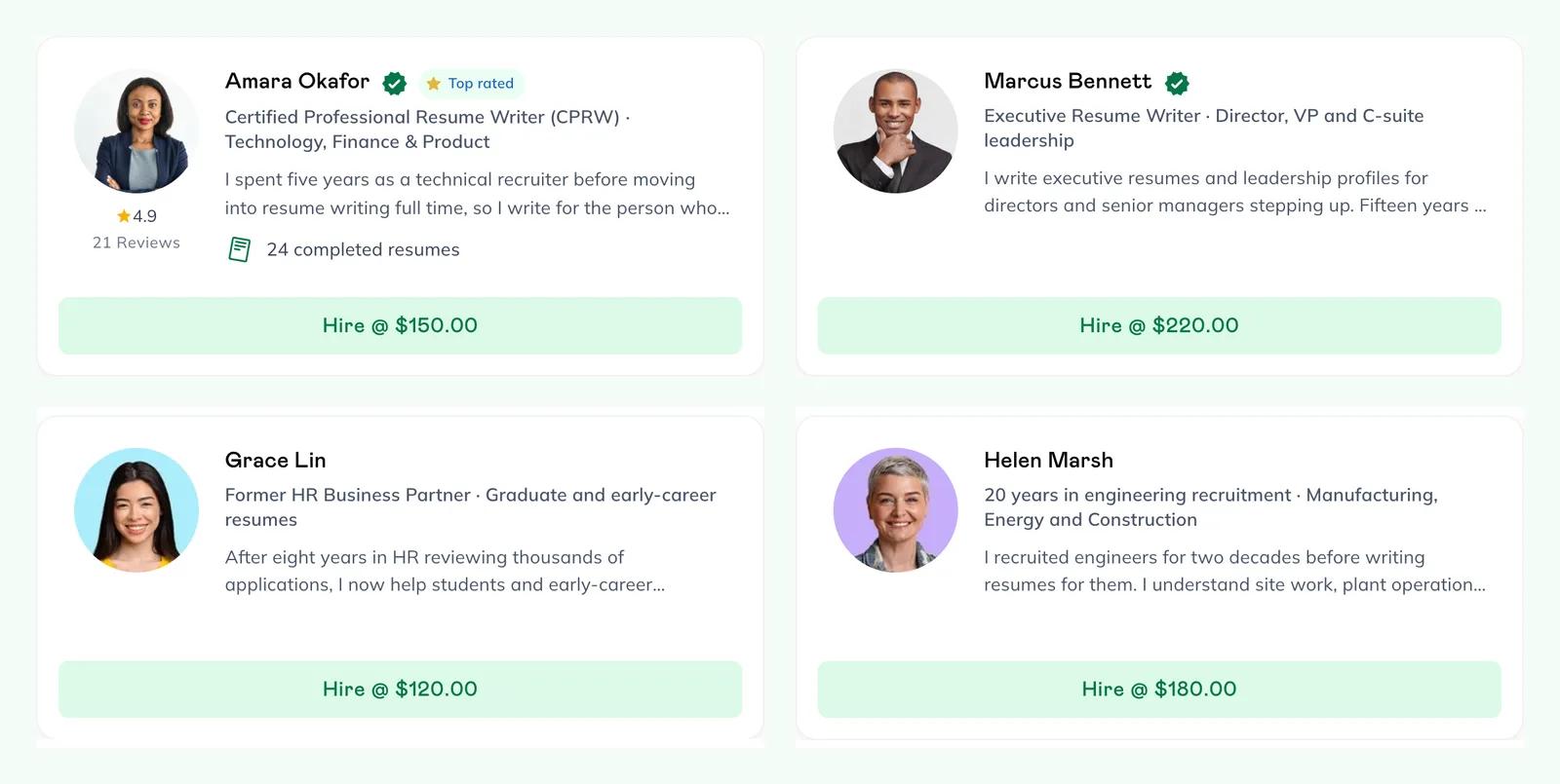 Writer listing cards with photo, headline, rating, completed resumes and price