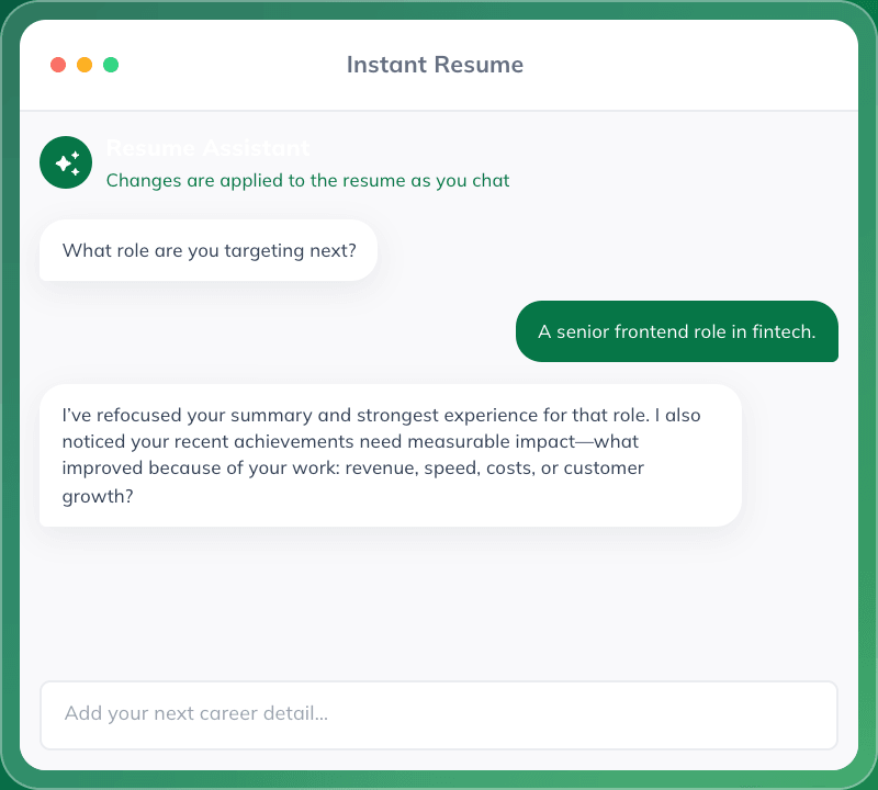 Instant Resume workspace with a guided conversation beside a live resume preview