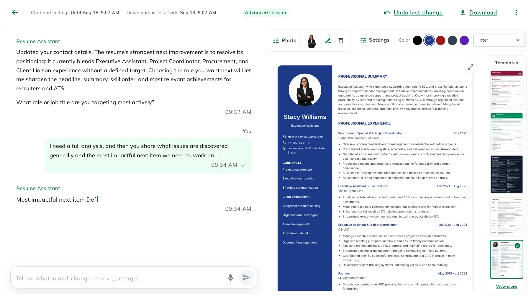 Instant Resume workspace with a guided conversation beside a live resume preview