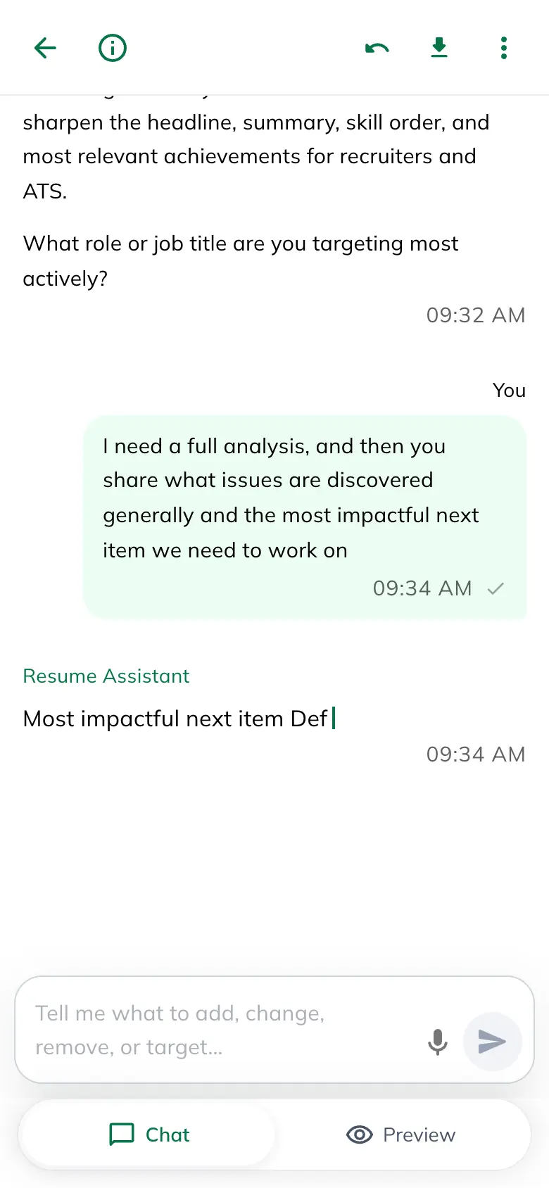 Instant Resume workspace with a guided conversation beside a live resume preview